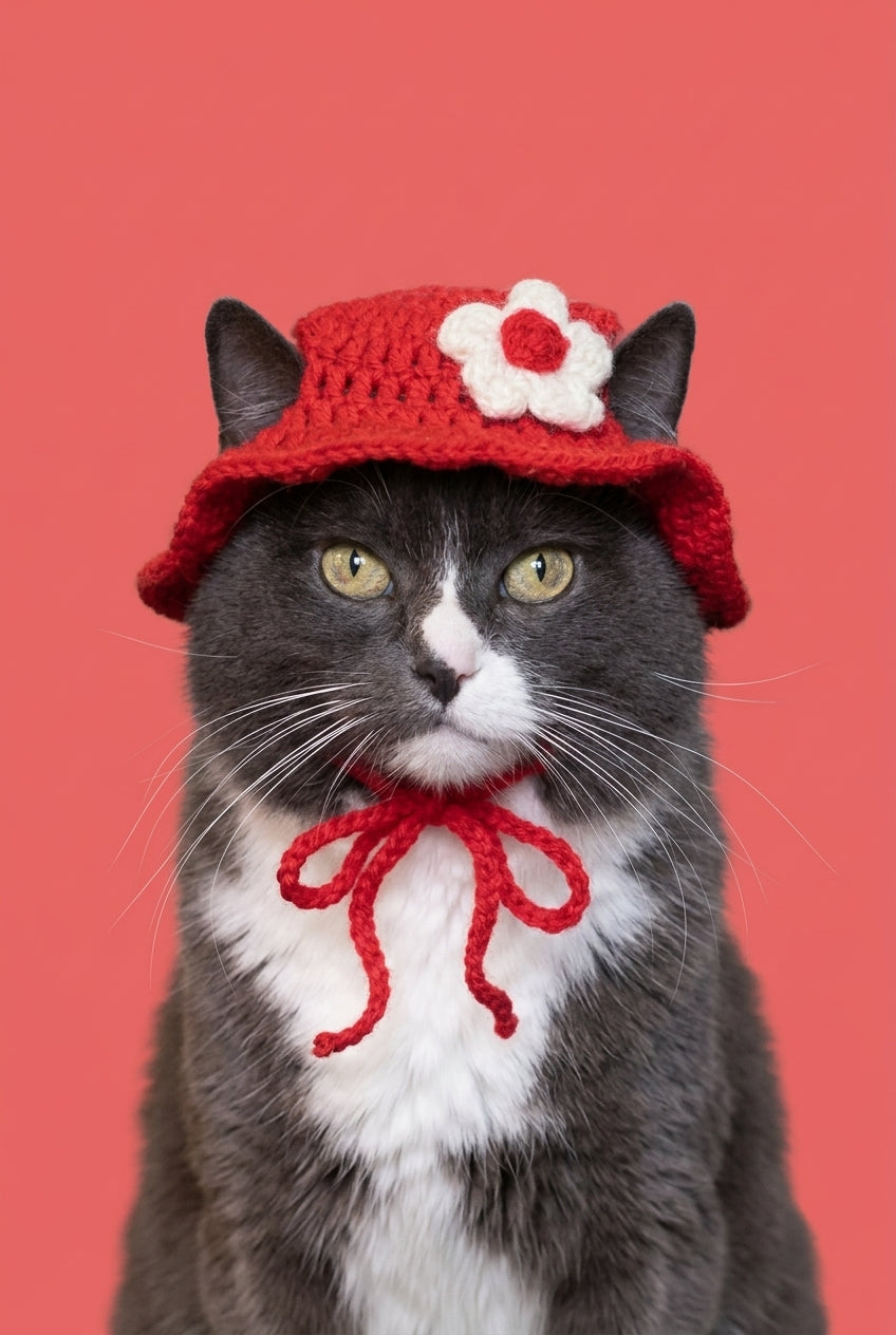 Red White Flower Kitty Cap
